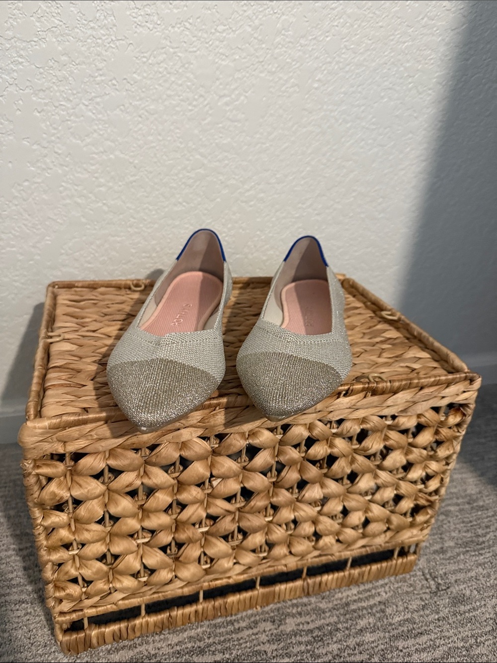 Rothy's Pointed Toe Sparkle Flats in Silver and Pink